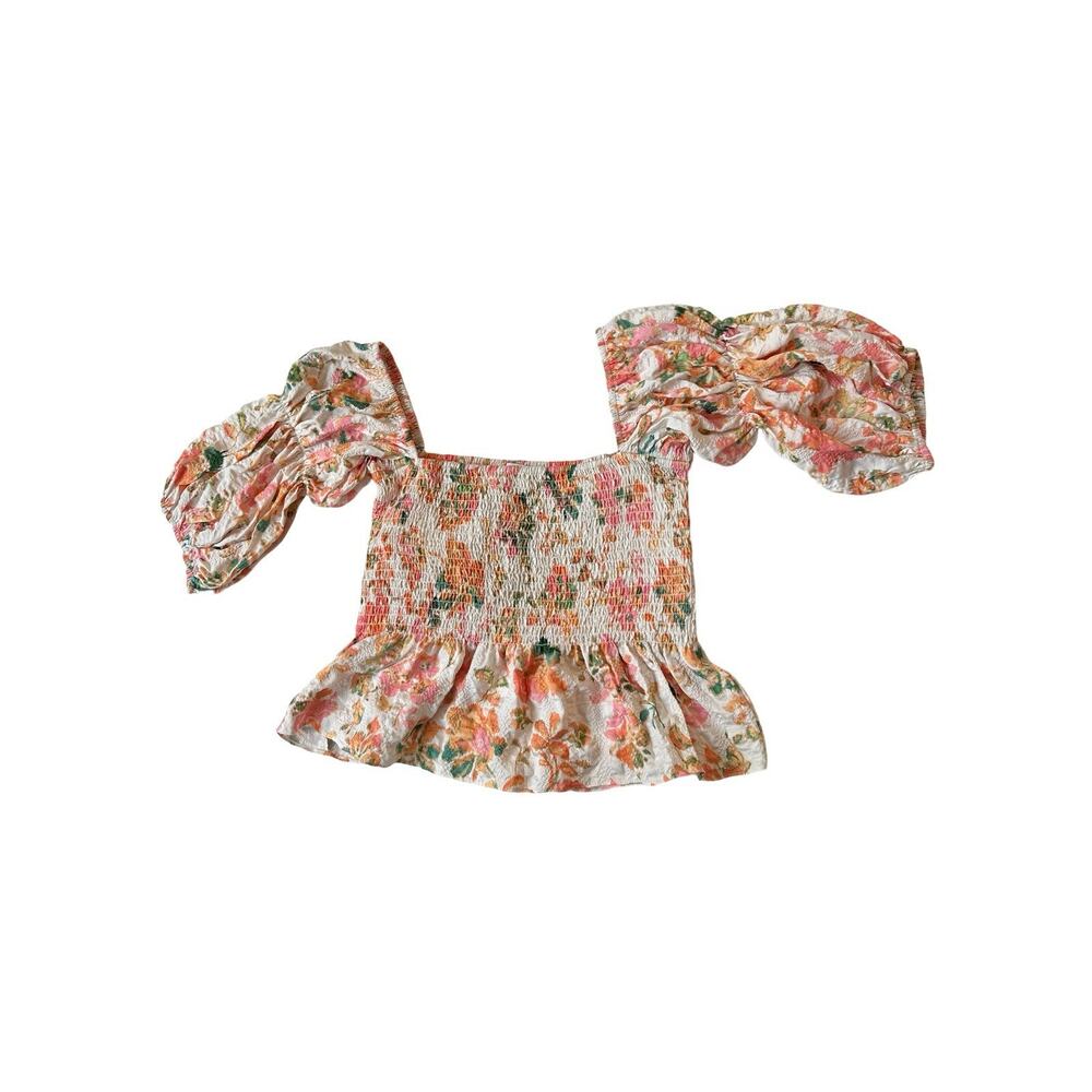 MISA Los Angeles Floral Smocked Ruffle Puff Sleeve Cropped Blouse Size L